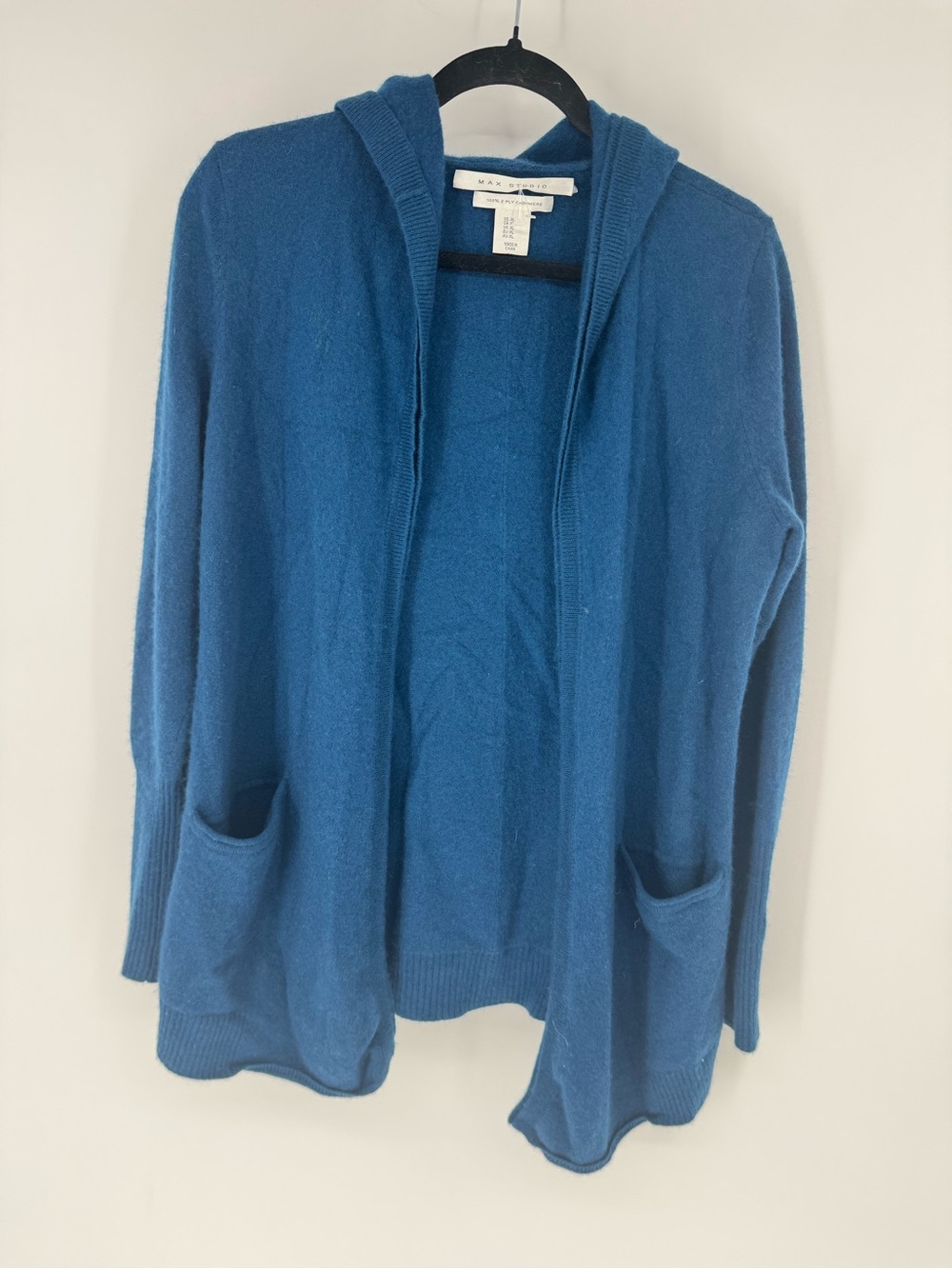 Max Studio 100% cashmere teal Hooded Open-Front Cardigan with Pockets